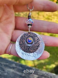 STERLING SILVER Boho Pendant Artisan Made Sterling And COPPER PENDANT SWAROVSKI