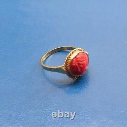 STERLING SILVER CORAL Handmade Cameo STONE RING SIZE 8 925 FINE MADE IN ITALY
