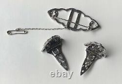 STERLING SILVER marcasite CLIPS & BROOCH combine-Made in GERMANY-ANTIQUE-stamp