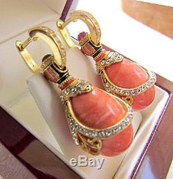 Sale! Outstanding Earrings Made Of Sterling Silver 925 & 24k Gold Genuine Coral