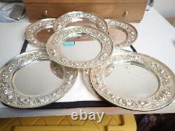Set of 8 Sterling Silver Repousse Rose Bread Plates made by Stieff Kirk