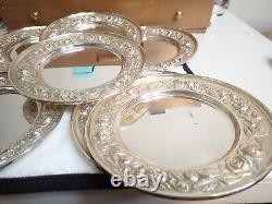 Set of 8 Sterling Silver Repousse Rose Bread Plates made by Stieff Kirk