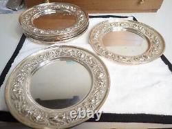 Set of 8 Sterling Silver Repousse Rose Bread Plates made by Stieff Kirk