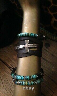 Sideways Sterling Cross Concho Wrap Bracelet Hand Made Soft Brown Leather $245
