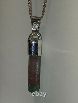 Signed, Bi Color Pink Tourmaline Crystal Pendant 925 Sterling Silver Made in USA