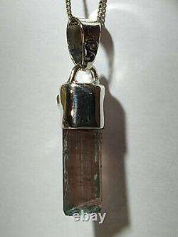 Signed, Bi Color Pink Tourmaline Crystal Pendant 925 Sterling Silver Made in USA