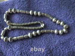 Signed M Vintage Navajo Hand Made Sterling Silver Pearls BARREL BEAD Necklace