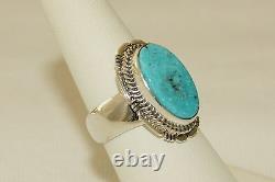 Signed Native American Navajo Made Sterling Silver Kingman Mine Turquoise Ring