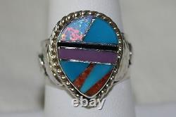 Signed Native American Navajo Made Sterling Silver Multi Stone Inlay Ring Size 8