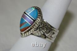 Signed Native American Navajo Made Sterling Silver Multi Stone Inlay Ring Size 8