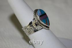 Signed Native American Navajo Made Sterling Silver Multi Stone Inlay Ring Size 8