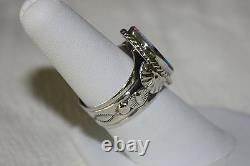 Signed Native American Navajo Made Sterling Silver Multi Stone Inlay Ring Size 8