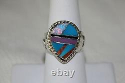 Signed Native American Navajo Made Sterling Silver Multi Stone Inlay Ring Size 8