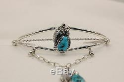 Signed Native American Navajo Made Sterling Silver Turquoise Slave Bracelet