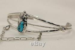 Signed Native American Navajo Made Sterling Silver Turquoise Slave Bracelet