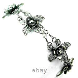 Silver Bracelet Black Oxidised Artisan Made Flower Design Solid Sterling 8 1/2