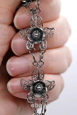 Silver Bracelet Black Oxidised Artisan Made Flower Design Solid Sterling 8 1/2