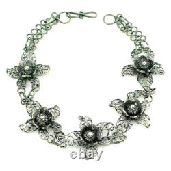 Silver Bracelet Black Oxidised Artisan Made Flower Design Solid Sterling 8 1/2