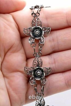 Silver Bracelet Black Oxidised Artisan Made Flower Design Solid Sterling 8 1/2