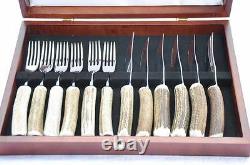 Six Stag/Antler Handle Steak Knives & Forks Cased Made In Sheffield England