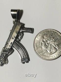 Solid. 925 Sterling Silver Pendant W Moissanite Diamond Draco Ak-47 Made In USA