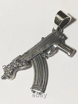 Solid. 925 Sterling Silver Pendant W Moissanite Diamond Draco Ak-47 Made In USA