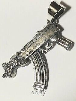 Solid. 925 Sterling Silver Pendant W Moissanite Diamond Draco Ak-47 Made In USA