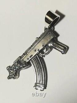 Solid. 925 Sterling Silver Pendant W Moissanite Diamond Draco Ak-47 Made In USA