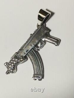 Solid. 925 Sterling Silver Pendant W Moissanite Diamond Draco Ak-47 Made In USA