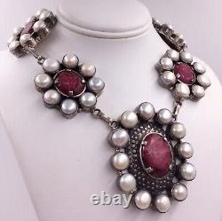 Sterling Silver 65.00tcw Natural Ruby & Pearl Made In India Necklace Adjustable
