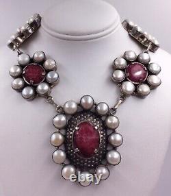 Sterling Silver 65.00tcw Natural Ruby & Pearl Made In India Necklace Adjustable