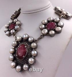 Sterling Silver 65.00tcw Natural Ruby & Pearl Made In India Necklace Adjustable