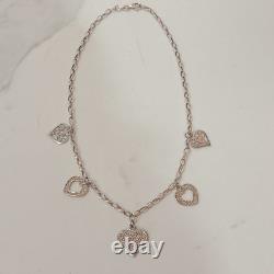 Sterling Silver 925 Heart Charms Filigree Necklace 16.5 Made In Italy 10grams