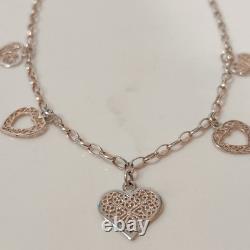Sterling Silver 925 Heart Charms Filigree Necklace 16.5 Made In Italy 10grams