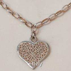 Sterling Silver 925 Heart Charms Filigree Necklace 16.5 Made In Italy 10grams