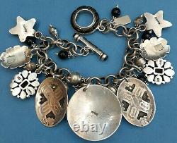 Sterling Silver Artist Made Navajo ONYX INLAY CHARM BRACELET Size 6 3/4. 66g