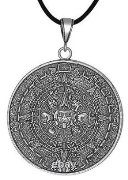 Sterling Silver Aztec Calendar Medal Charm Pendant Necklace Oxidized Made In USA