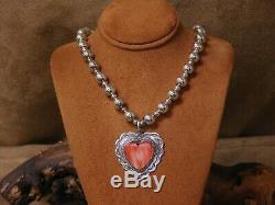 Sterling Silver Bead and Spiny Oyster Heart Necklace made by Leo Feeney