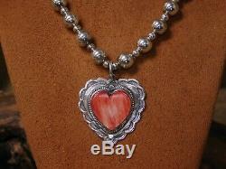 Sterling Silver Bead and Spiny Oyster Heart Necklace made by Leo Feeney