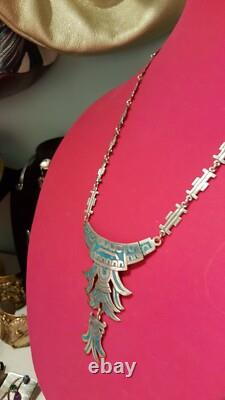 Sterling Silver COD Signed Hand Made Turquoise Inlay Long Necklace