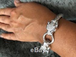 Sterling Silver CZ Double Panther Head Cuff Bracelet Made in Italy 35.4 grams