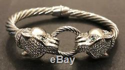 Sterling Silver CZ Double Panther Head Cuff Bracelet Made in Italy 35.4 grams