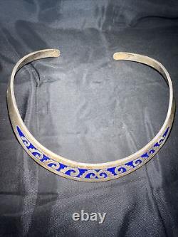 Sterling Silver Collar Necklace Made In Mexico Gorgeous Blue Inlay Design