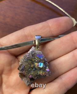 Sterling Silver Collar Necklace with Rough Amethyst Geode, Made in Mexico