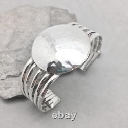 Sterling Silver Cuff Bracelet Hammered Disc 1 1/2 Mexico 37 gr Modern Hand Made