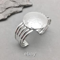 Sterling Silver Cuff Bracelet Hammered Disc 1 1/2 Mexico 37 gr Modern Hand Made