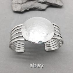 Sterling Silver Cuff Bracelet Hammered Disc 1 1/2 Mexico 37 gr Modern Hand Made