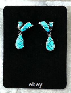 Sterling Silver Dangle Post Earrings Turquoise Inlay Native American Made