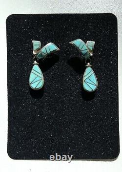 Sterling Silver Dangle Post Earrings Turquoise Inlay Native American Made