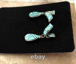 Sterling Silver Dangle Post Earrings Turquoise Inlay Native American Made